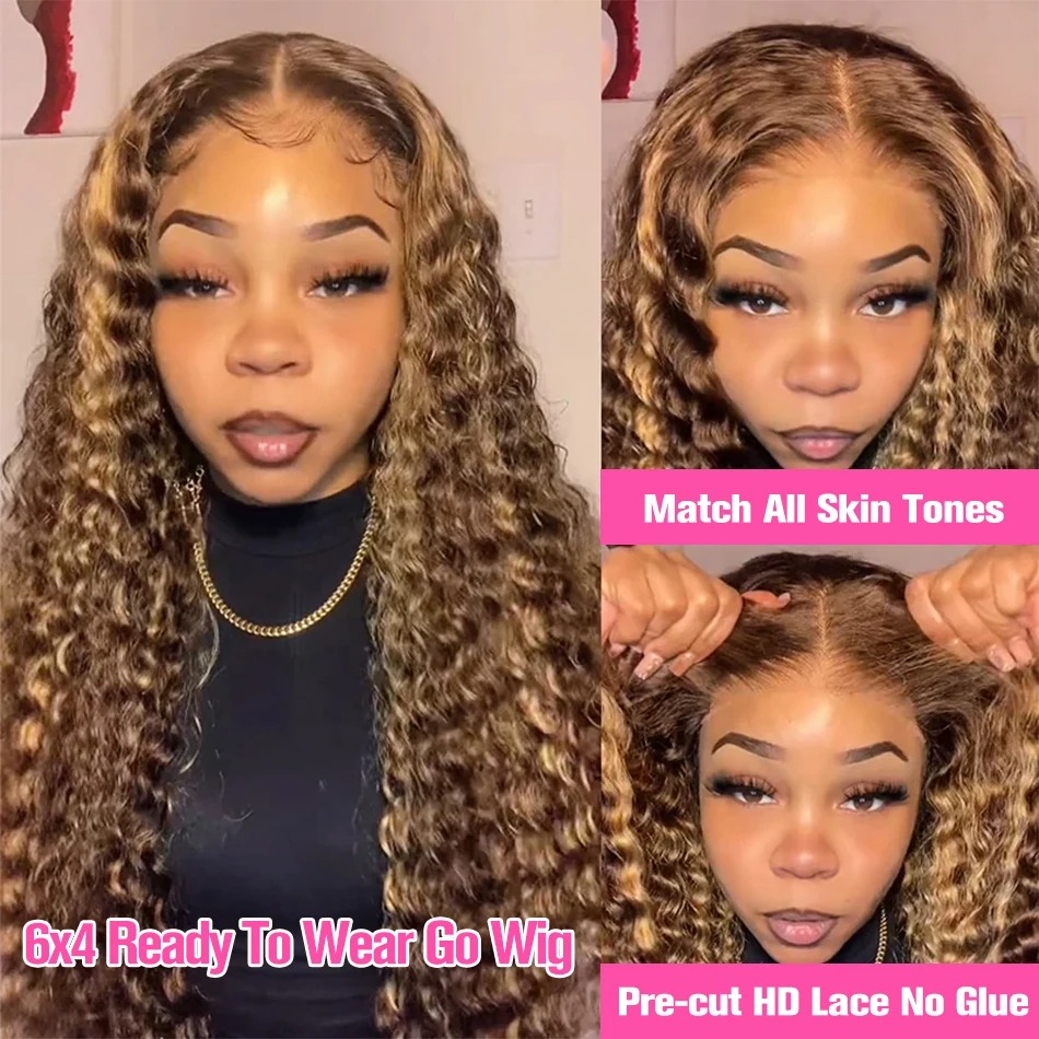 Perruque Lace Frontal Wig naturelle bouclée, cheveux naturels, blond miel, Deep Water Wave, 13x4 HD, Go, sans colle, 30, 32, 34 pouces