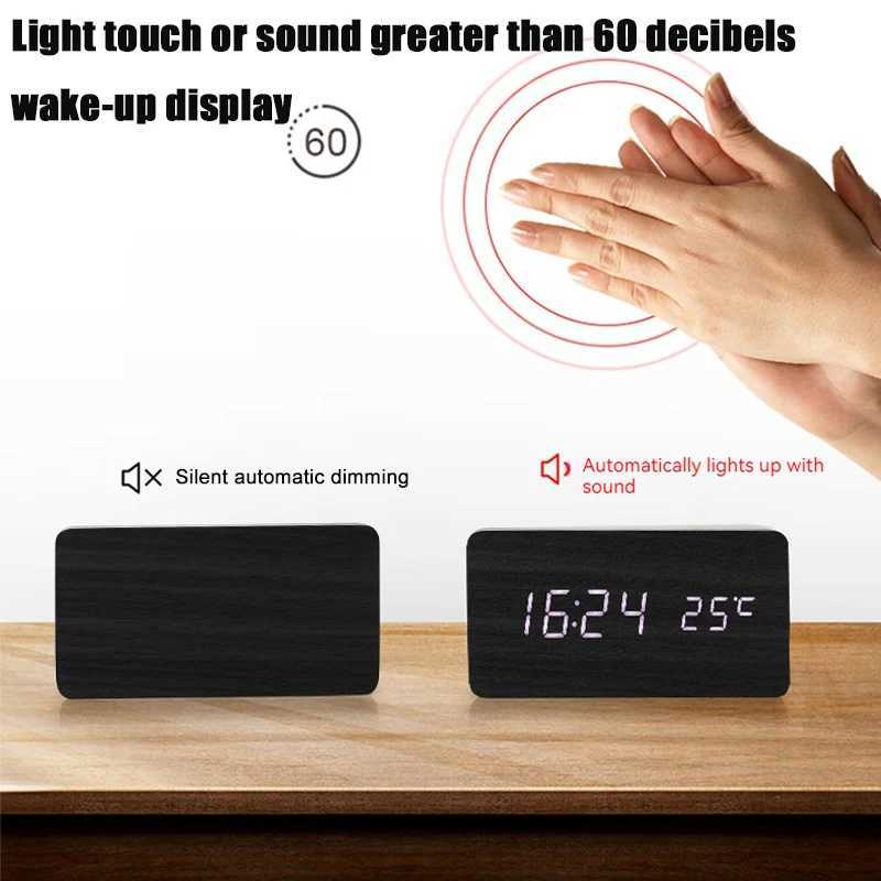 Outros relógios Acessórios Quadrado de madeira LED Despertadores inteligentes para quartos Relógio de cabeceira digital com controle de voz de temperatura Desktop ClockL2403