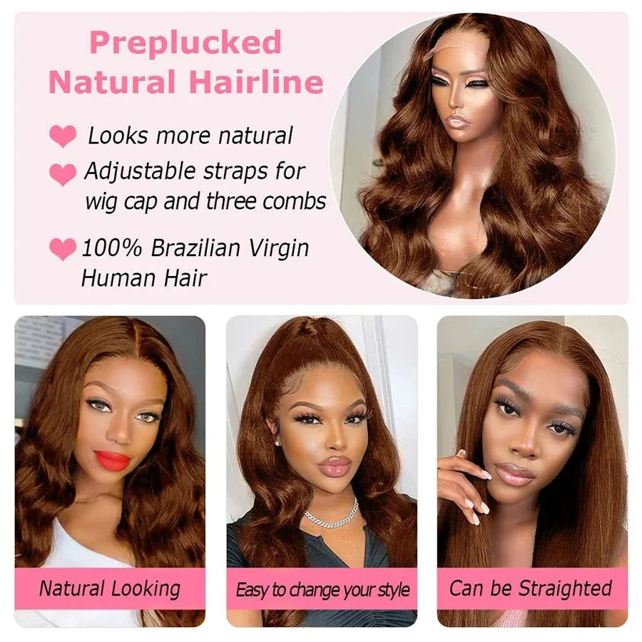 250%Chocolate Brown Body Wave Lace Front Wigs Human Hair Light Brown 13x4 HD Transparent Lace Frontal Wig Preplucked Brazilian Hair