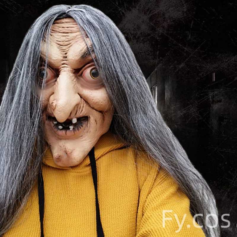 Designer Masks Halloween Horror Long Hair Witch Head Cover Old Man Mask Party Cosplay Haunted House Scary Props Adult Full Face Latex Headdress