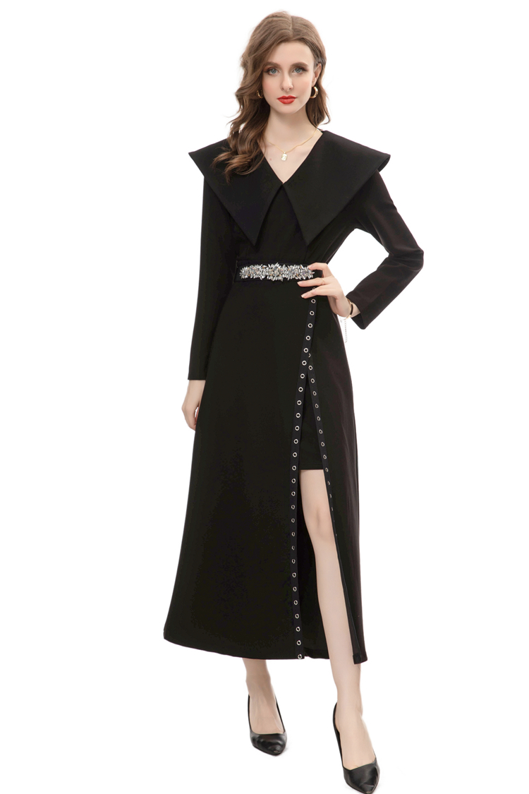 Women's Runway Dresses Turn Down Collar Long Sleeves Sexy Split Beaded Elegant Fashion Designer Mid Vestidos