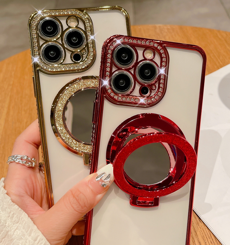 S24 Mirror Magnetic Wireless Case For iPhone 15 Plus 14 Pro Max 13 12 11 Samsung S23 S22 Ultra Bling Glitter Diamond Plating Soft TPU Kickstand Cover