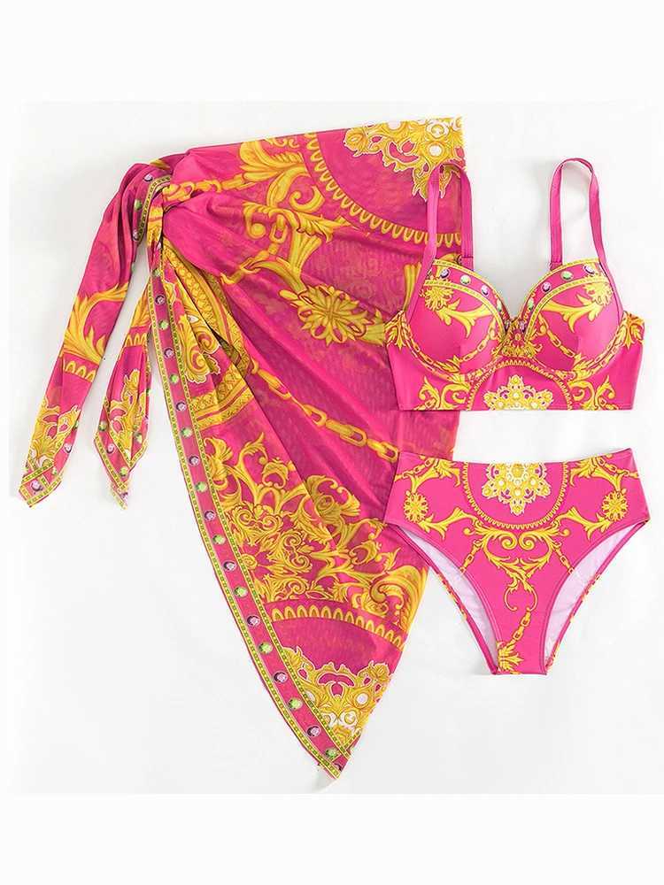 Swim Wear Vigobreviya Sexig tryck 3-delad kjol med högt skick Bikini baddräkter kvinnor 2024 Push Up Swimsuit Summer Swimsuit Aquatic Sports 240311