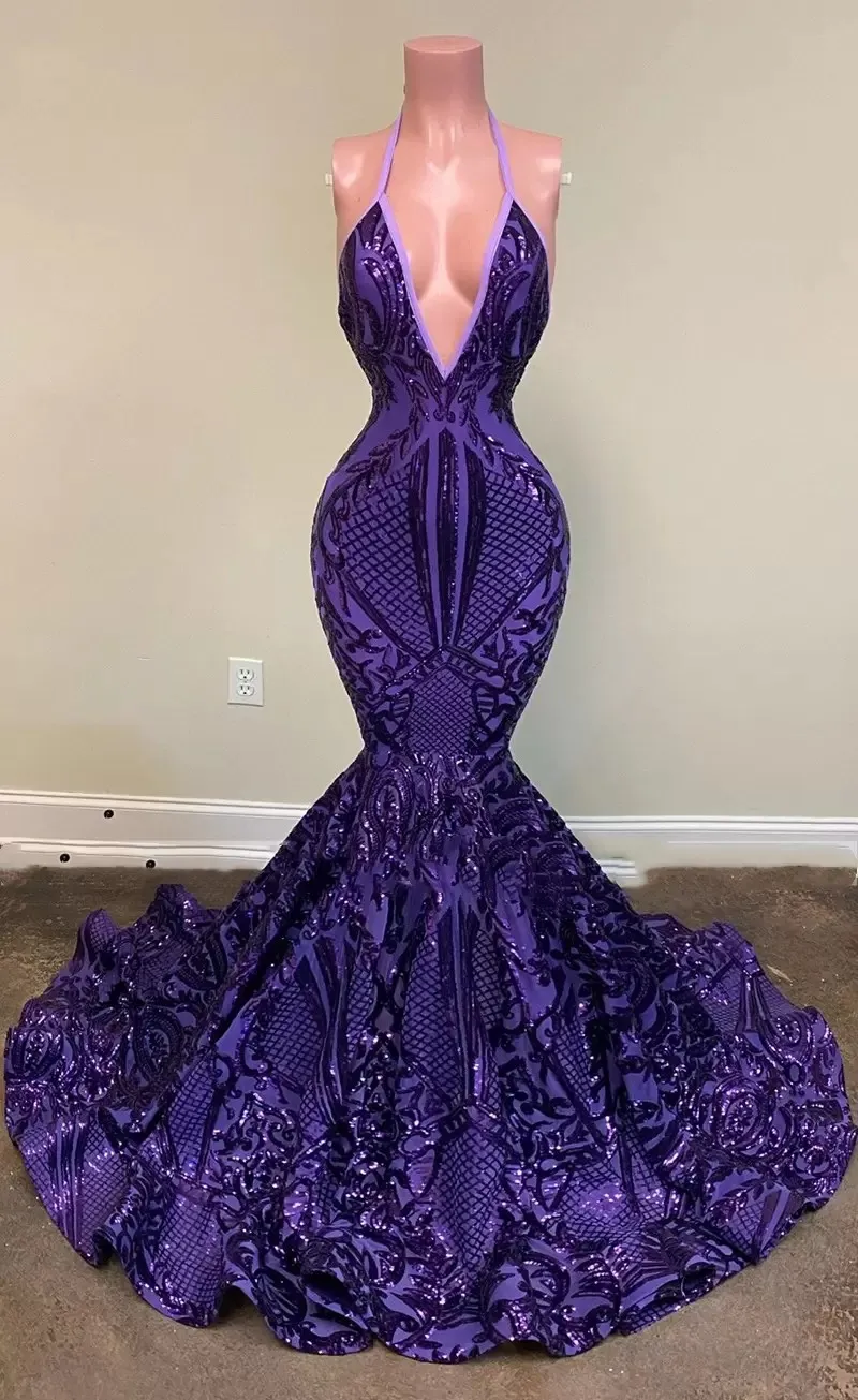 Purple Prom Dresses Sexy Halter Deep V Neck Sleeveless Mermaid Evening Gowns Sequined Lace Backless Arabic Aso Ebi Women Formal Party Wear Vestidos De Festa CL0148