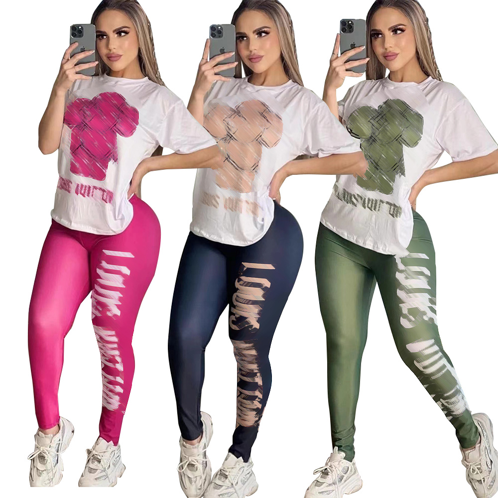 Women's Printed Two Piece Pants Casual Round Neck Designer Short Sleeve Top Jogging Suit Summer Pink Pants Morning Jogging Suit Free Ship