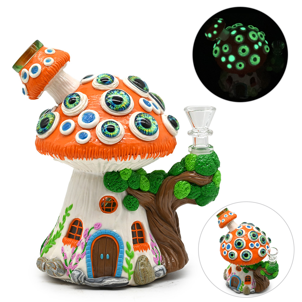 7.4in,Glass Bongs With Mushrooms House,Glow In Dark,Mushroom Bongs With Evil Eyes,Borosilicate Glass Water Pipe,Polymer Clay Cartoon Lavender Glass Smoking Item