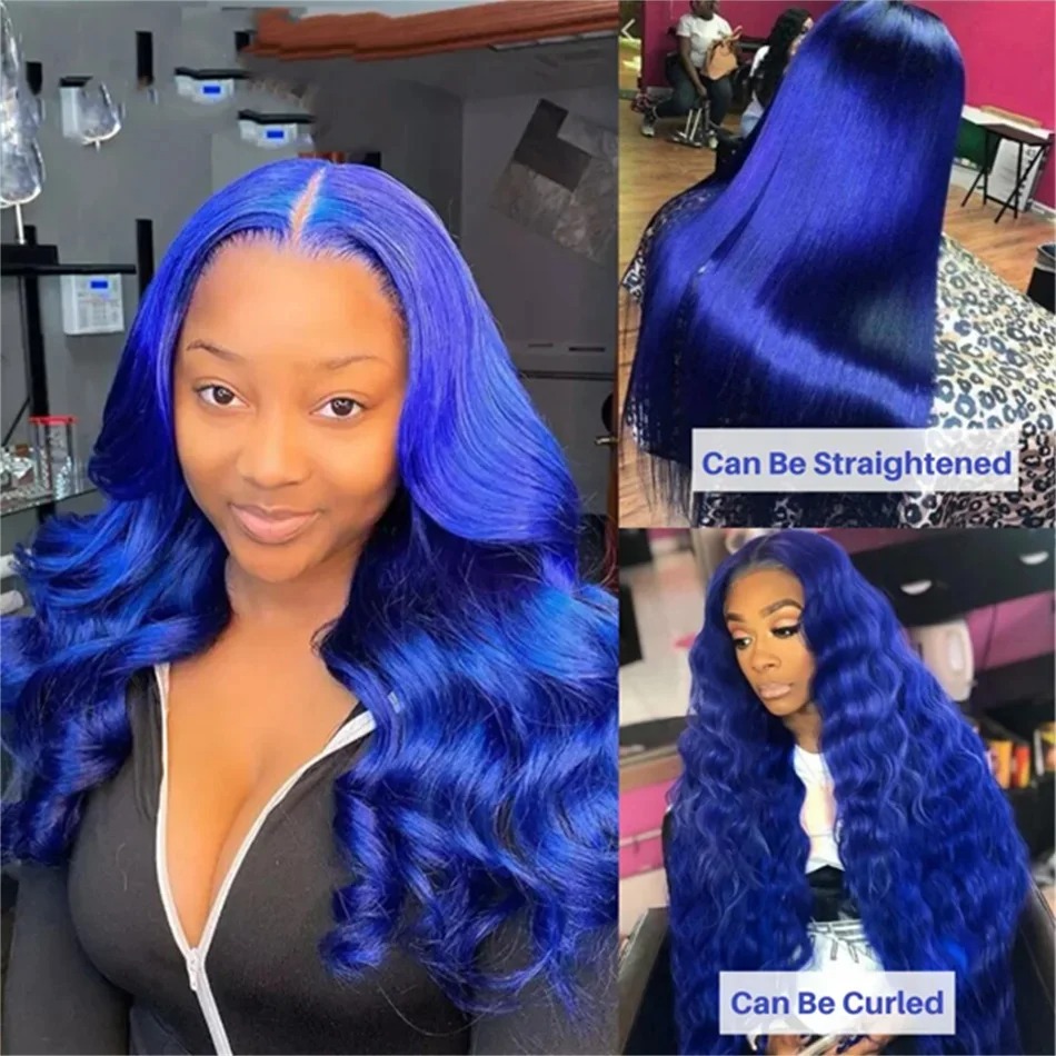 13x4 Navy Blue Body Wave Spets Front Human Hair Wigs Pre Plucked Brasilian Blue HD Spets Frontal Wig For Women Human Hair Wig