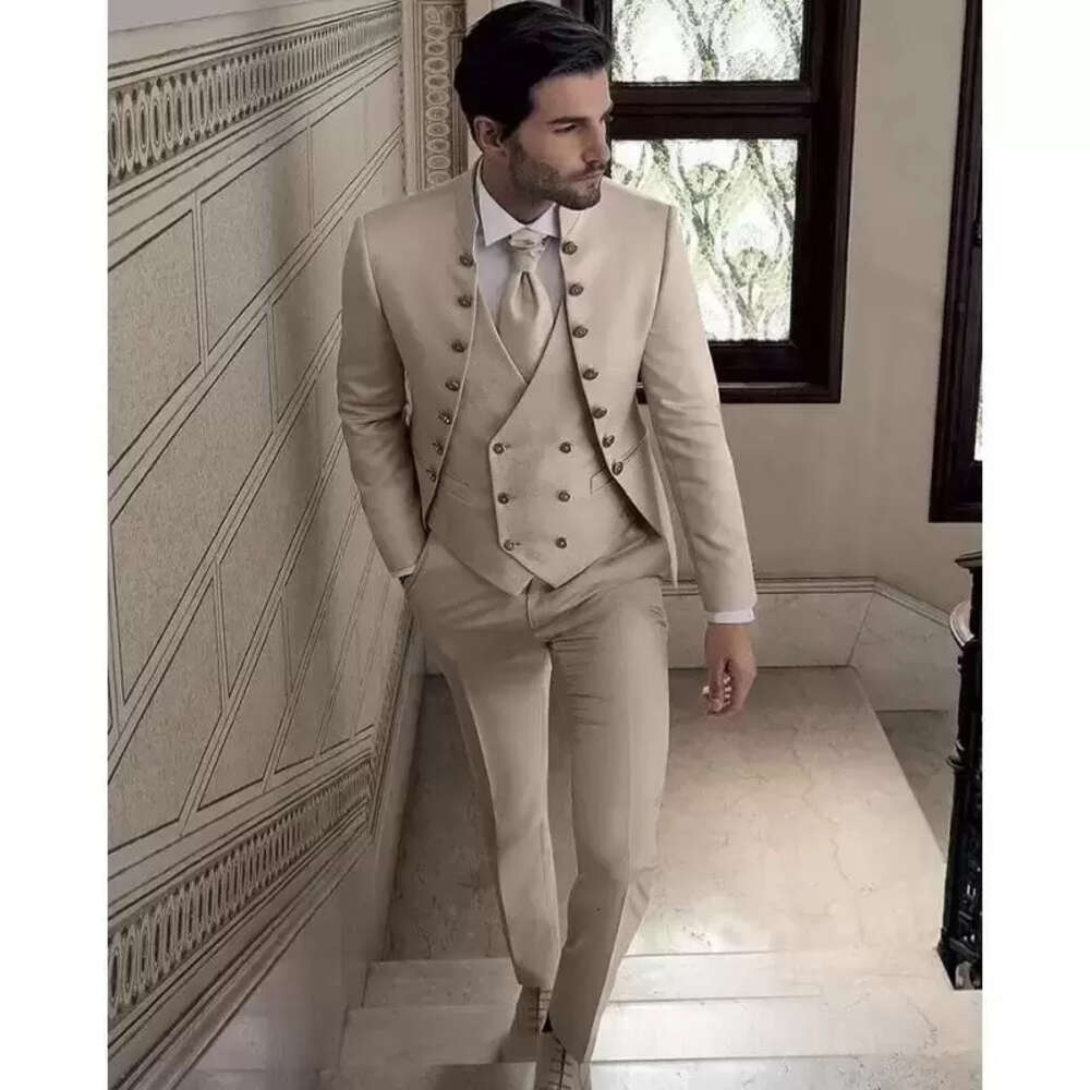 Men's Formal Suit Wedding Groom Tuxedo Khaki blazer + Vest Male Slim Fit Jacket Pants Set