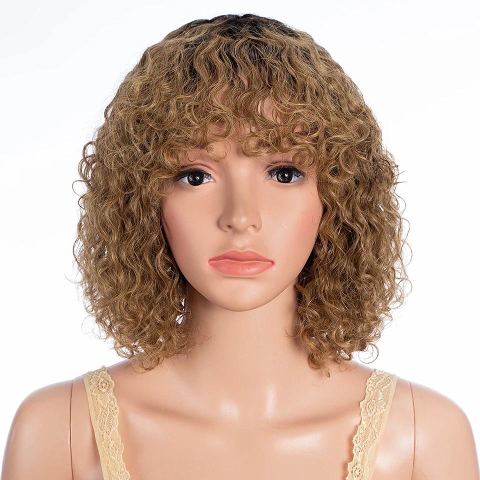 Colored Short Afro Kinky Curly Bob Human Hair Bangs Wig for Women Brazilian Remy Hair Ombre Blonde Honey Loose Water Wavy Wigs