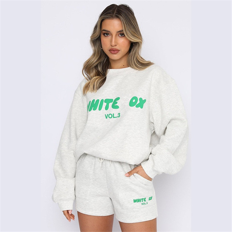 Fatos femininos meninas agasalho feminino hoodies + calças curtas 2 conjuntos de duas peças suéteres impressos carta sportwears mulher conjunto de roupas primavera verão roupas femininas