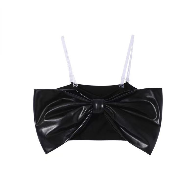 Womens Top Pu Leather Bow Corset With Zipper Summer Crop Top Fashion Sexy Slip Strapless Sleeveless Girl's Camisole