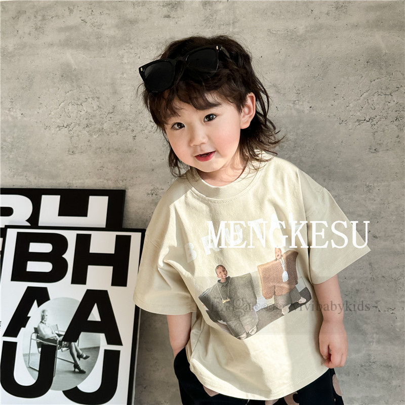 Boys Character letter printed T-shirt 2024 summer kids cotton half sleeve casual tops fashion children eyes pattern beach wear shorts Z7152