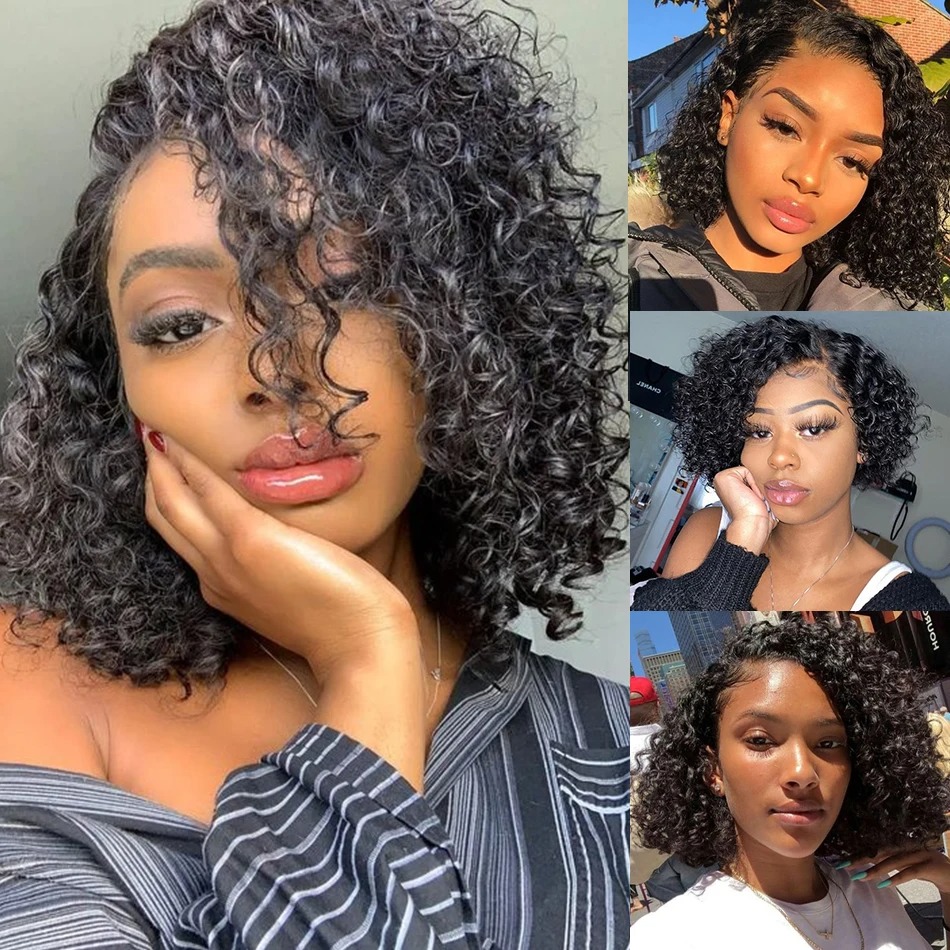 Short Deep Curly Human Hair Wigs Bob Pixie Cut Water Wave Brazilian Hair for Black Women Machine Part Side with Bang Cheap Wig