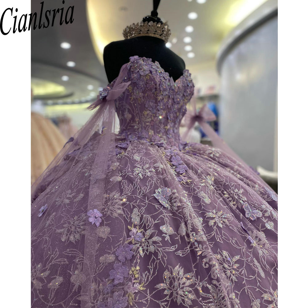 Lilac Glitter Crystal Sequined Ribbons Ball Gown Quinceanera Dresses Off the Shoulder Appliques Lace Corset Vestido de 15 Anos