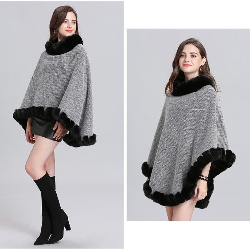 Halsdukar elegant retro handarbete päls stickad poncho tjock kashmir cape full trims faux rex sjal pullover coat kvinnor vinter wraps325y