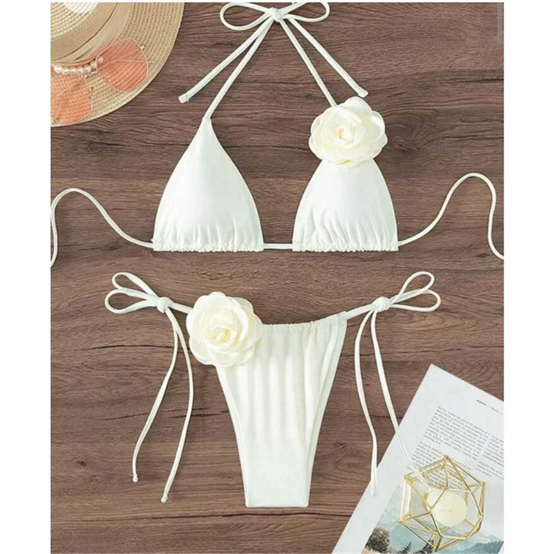 Ropa de baño S.XL Sexy 3D Flores Halter Bikini con tiras Traje de baño para mujer Traje de baño para mujer Conjunto de dos piezas Bikini Traje de baño Deportes acuáticos 240311