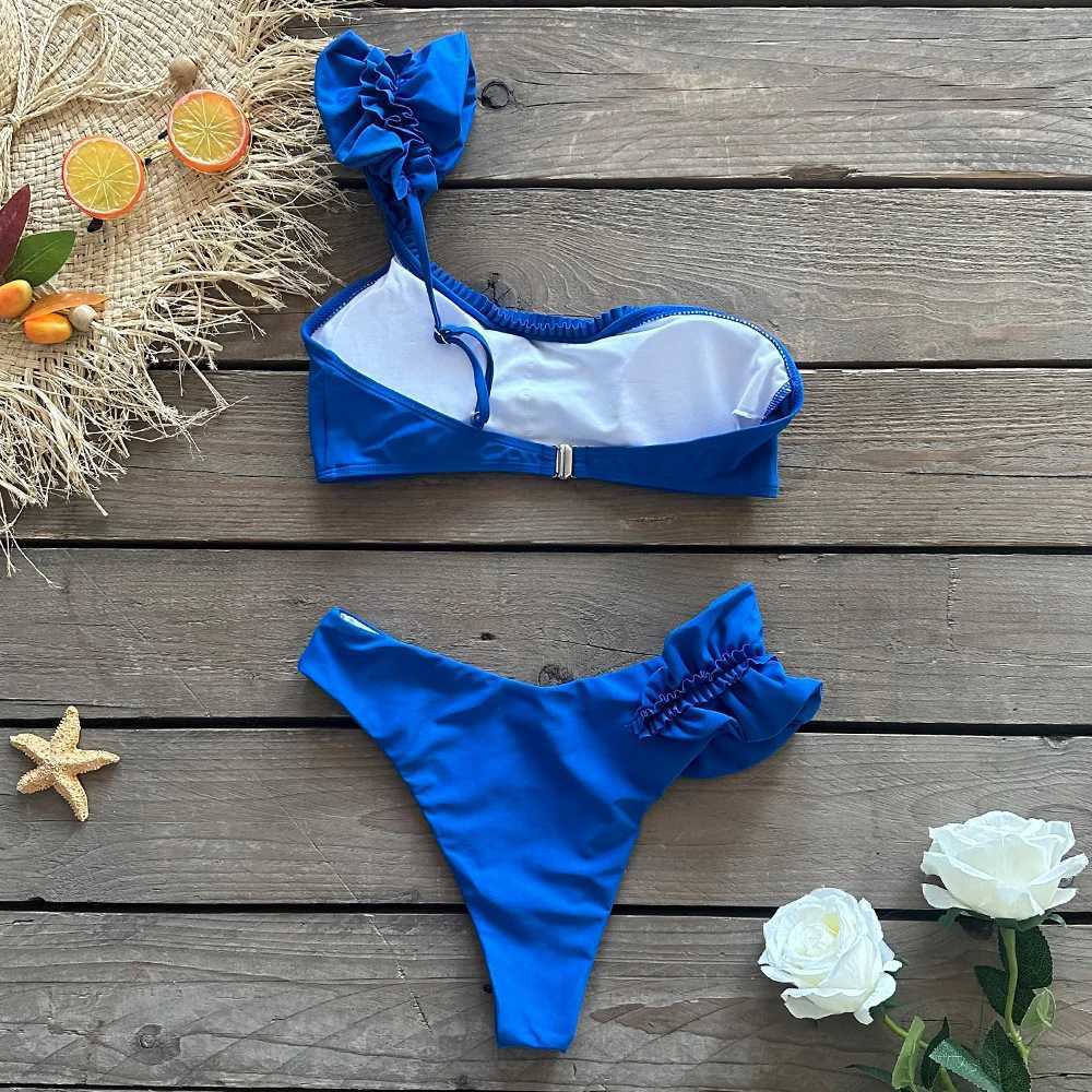 Swim wear 2024 nova sexy baixa condição conjunto de biquíni um ombro babados sólidos banho feminino banho biquini esportes aquáticos 240311