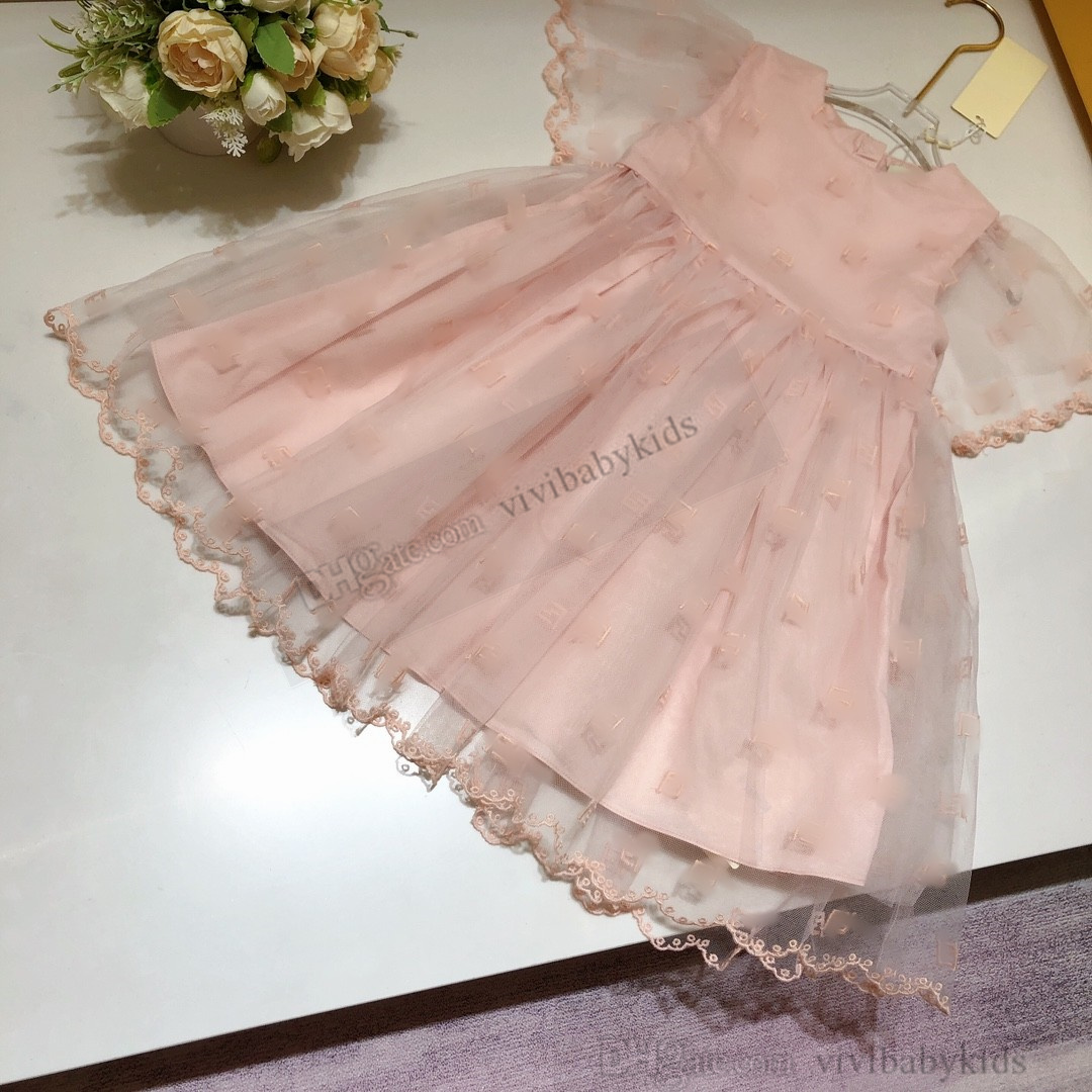 Luxury Girls falbala fly sleeve dresses Designer kids letter embroidery gauze dress children princess clothes S1189