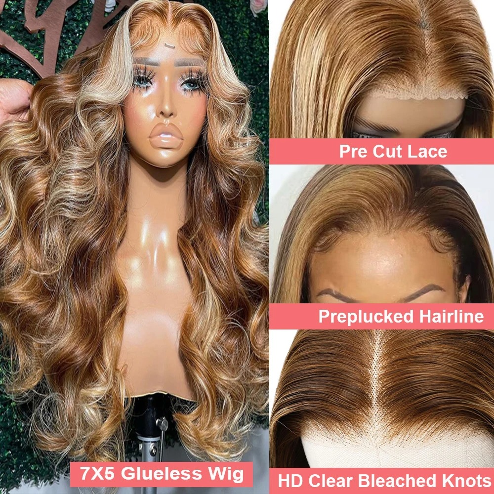 Perruque Lace Front Wig Body Wave sans colle, cheveux naturels, à reflets, 40 pouces, Transparent, couleur blond miel ombré 4/27, 13x4, pour femmes