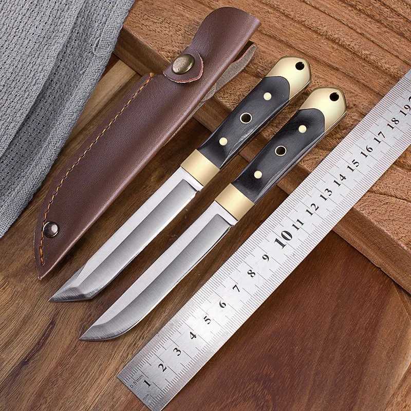 Camping Hunting Knives Stainless steel blade wooden handle small fixed knife outdoor camping grill grilled meat slicer scissors for survival 240315