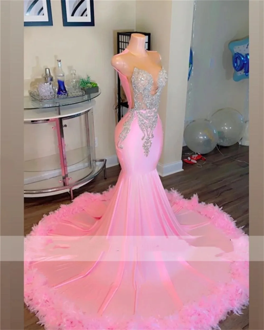 Sweety Pink Feathers Mermaid Prom Dresses 2024 For Black Girls Sliver Crystal Beaded Cocktail Gowns Sexy Sparkly robe de bal