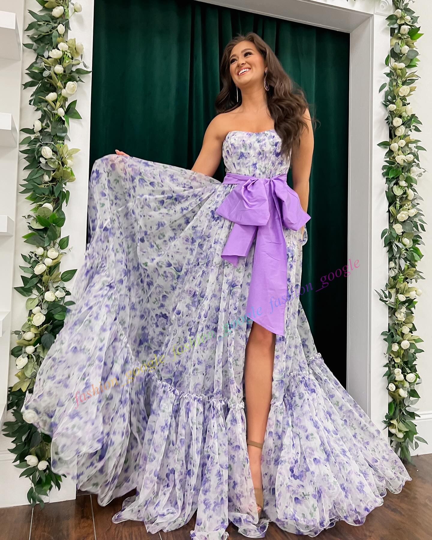 Eye Catching Lilac Floral Prom Dresses 2k24 Satin Bow Strapless Organza Long Winter Spring Formal Evening Cocktail Gala Party Pretty Pageant Runway Gown Skirt Slit