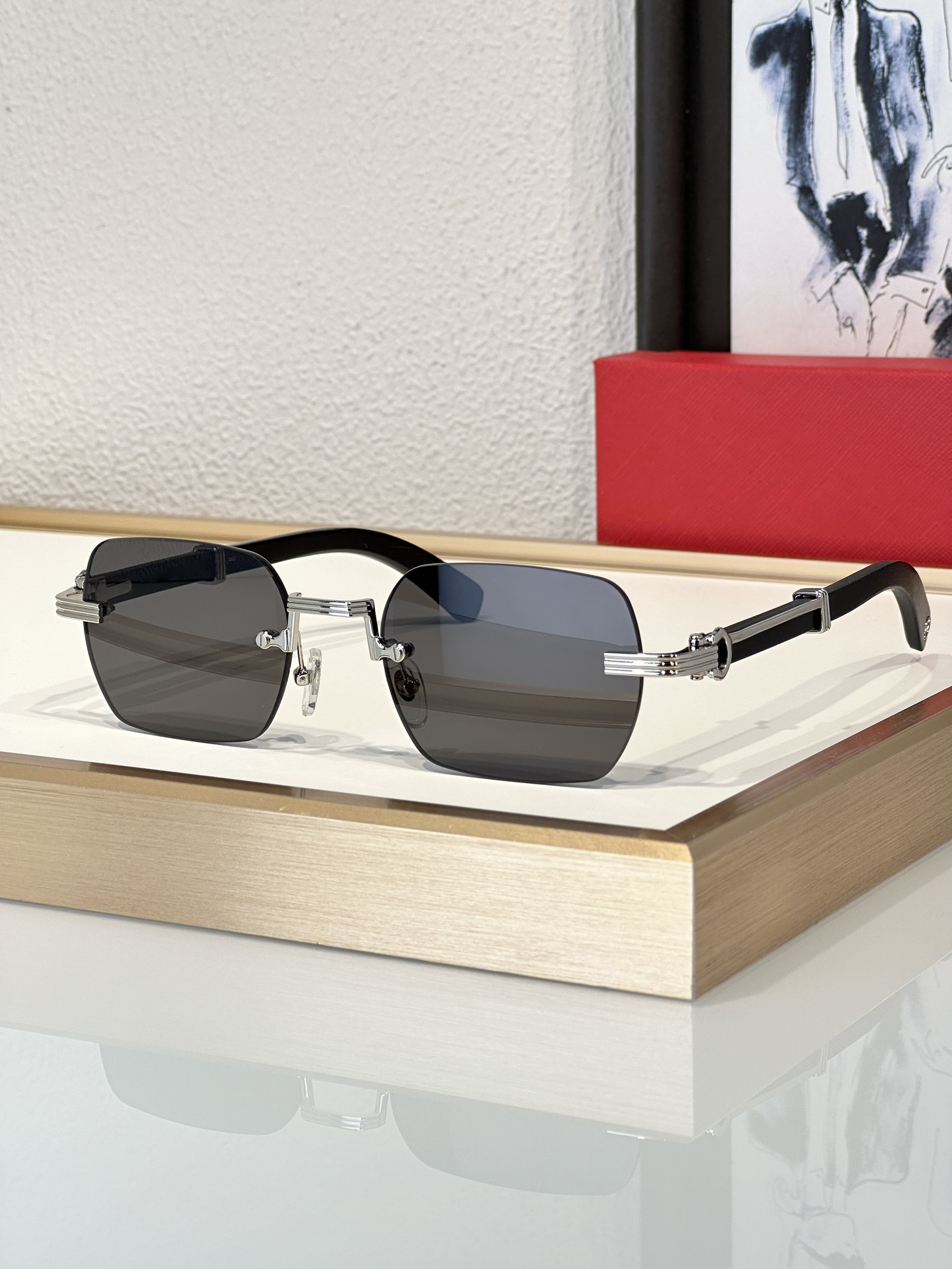 Lyxdesigner solglasögon ramar för män kvinnor reimless original 0377 trärolglasögon träben kan göra receptbelagda retro glasögon populärt rött ögonglas med fodral
