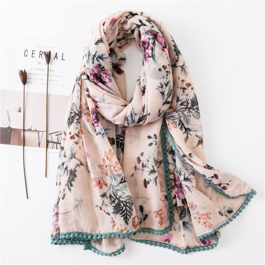 Sparsil Women Spring Cotton Linen Scarf Flower Print Short Tassel Soft Wraps Summer Sun Protection Beach Shalws Long Scarves J1215226v