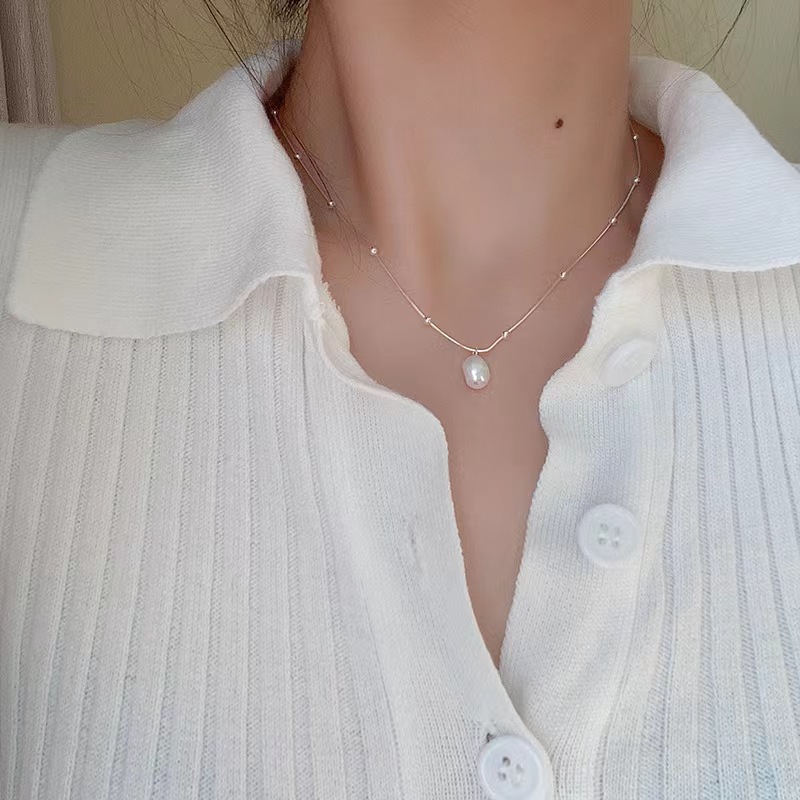 S925 Sterling Silver Fashion Simple Snake Bone Chain Natural Baroque Pearl Necklace For Women Elegant clavicle smycken