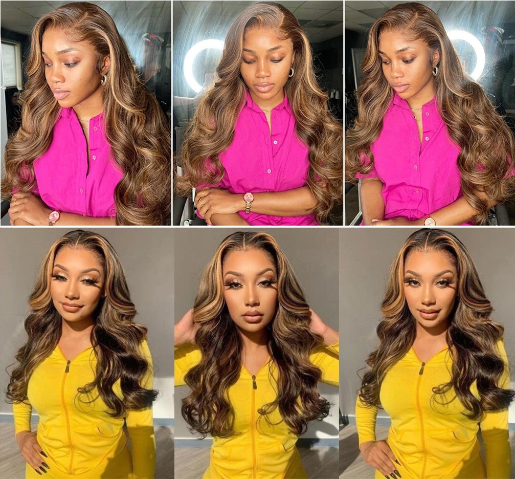 Perruque Lace Front Wig Body Wave sans colle, cheveux naturels, à reflets, 40 pouces, Transparent, couleur blond miel ombré 4/27, 13x4, pour femmes