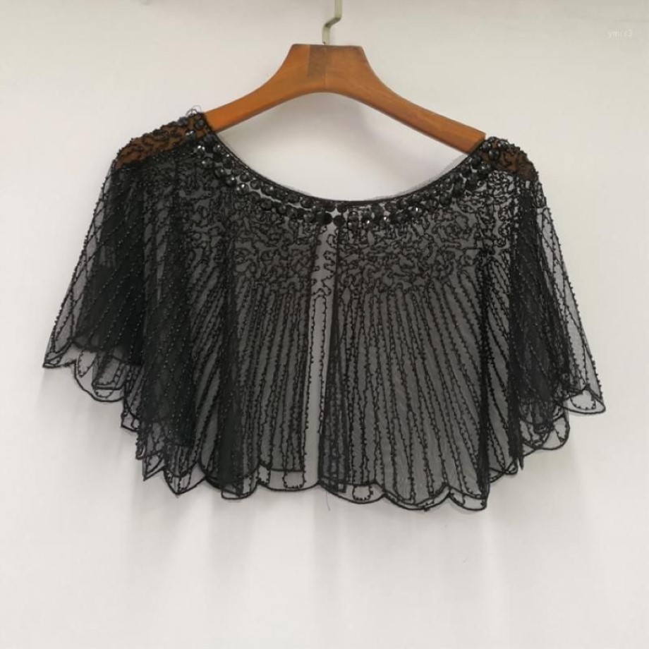 Halsdukar vintage kvinnors 1920-talet pärlspat sjal paisley randig art deco svart cape bolero klaff täcker ren genomskinlig mesh235y