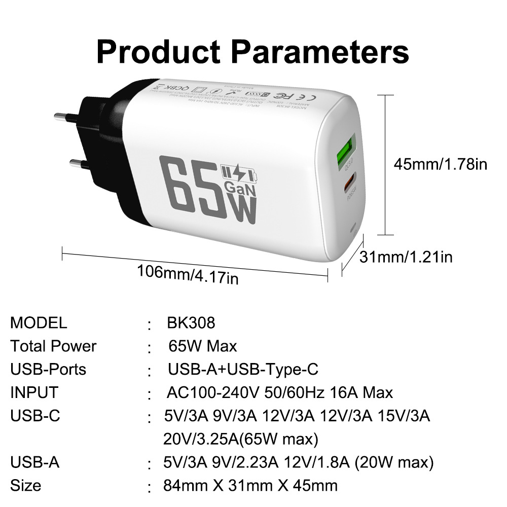 GAN PD 65W USB Charger Type C Charger Charger Fast Charging Power Adapter for iPhone 15 Xiaomi Huawei Samsung Mobile Charger Quick Charger