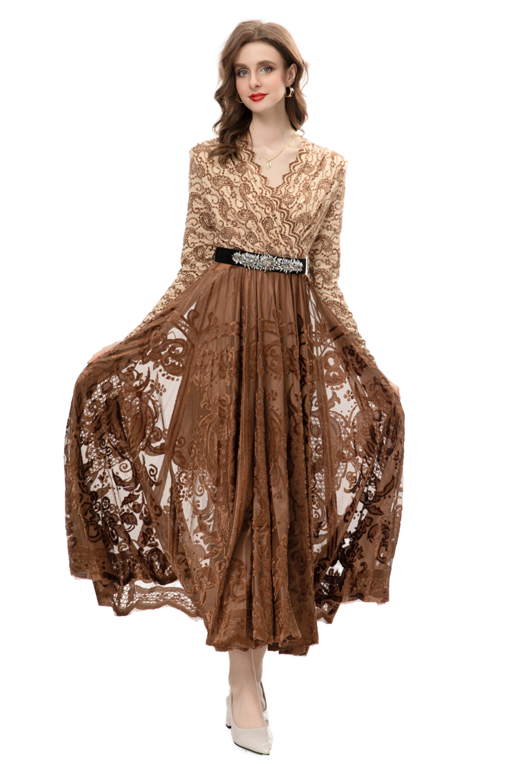 Women's Runway Dresses V Neck Long Sleeves Beaded Waist Printed Lace Velvet High Street Designer Vestidos