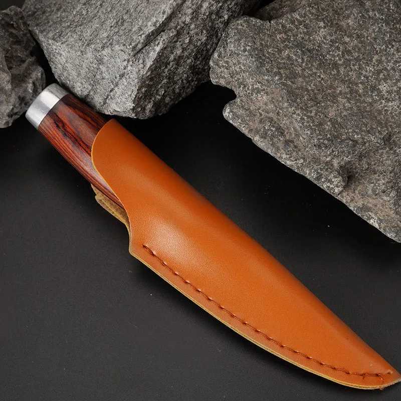 Camping Hunting Knives Camping Grill grillad rostfritt stål köttskiva vass blad trähandtag knivens överlevnadsverktyg med läderfodral 240312