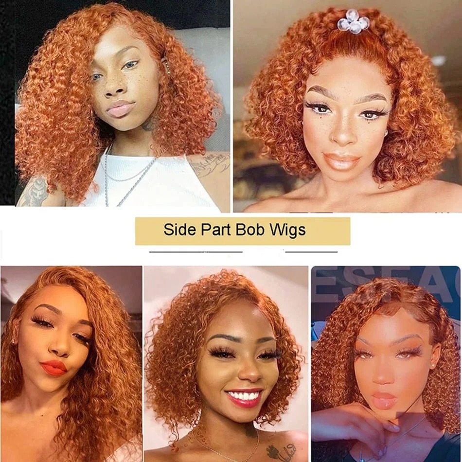 Perruque Bob Lace Frontal Wig naturelle ondulée, cheveux courts et bouclés, Orange gingembre, 13x4, brun rougeâtre, 4x4, avec Closure