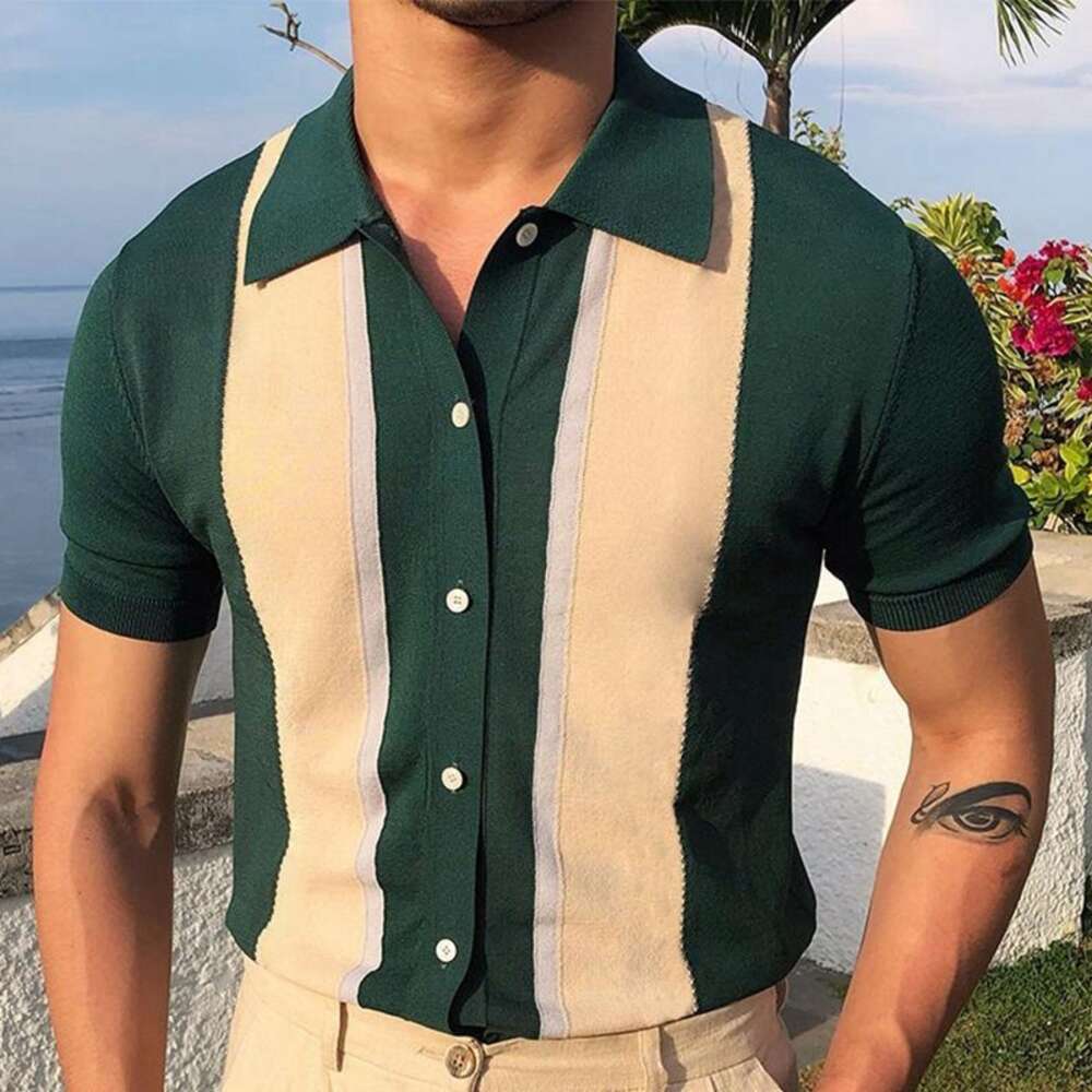 Heren gebreid etnisch bedrukt poloshirt, casual vintage streetwear button-down T-shirt voor heren, ademende kleding M-3XL