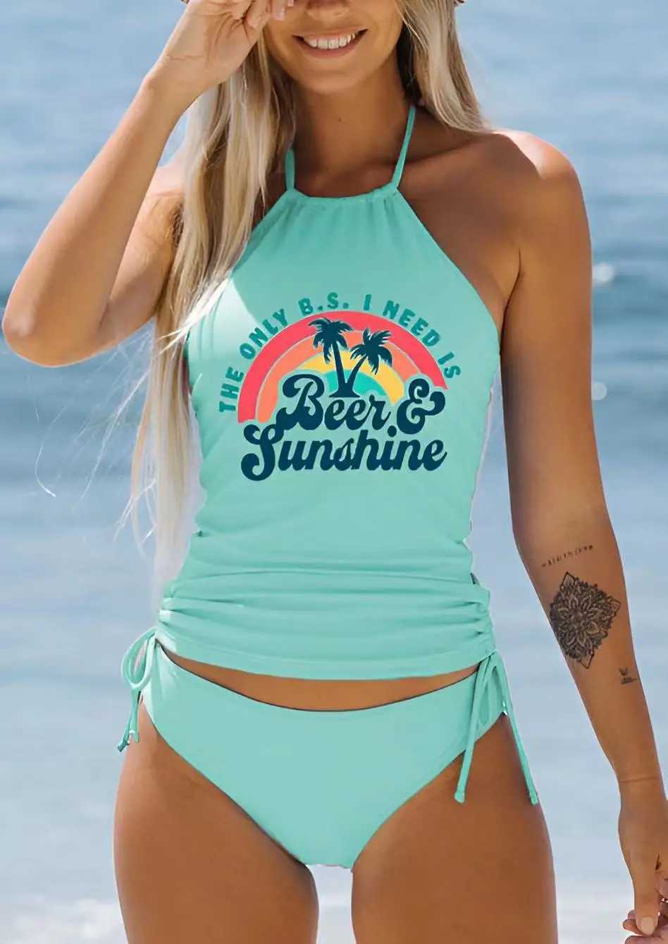 Swim Wear Summer New Elastic 3D Coconut Tree Drukowane bikini Zestaw dwuczęściowy sznurowany seksowne damskie plażę kąpielową S-6xl Aquatic Sports 240311