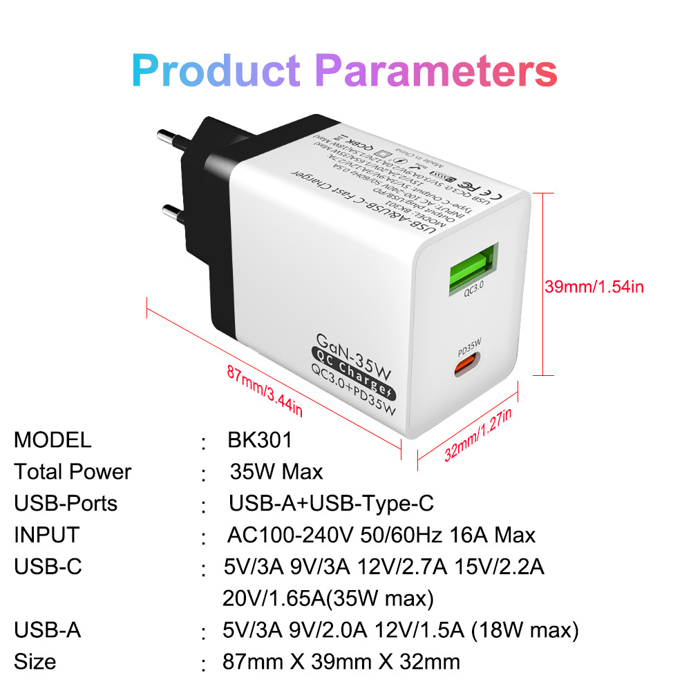 GaN PD 35W Charger 2 Ports QC3.0 USB C Fast Charging for iPhone 15 Pro Max Xiaomi 14 Samsung EU US UK AU Plug Phone Chargers