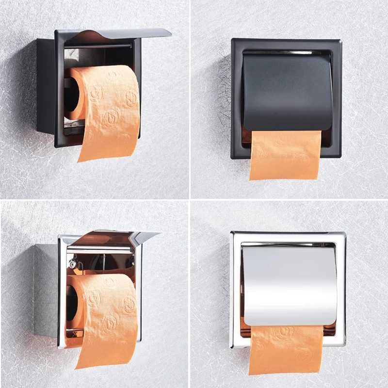 Toilet Paper Holders Matte Black Toilet Paper Holder Stainless Steel Wall Mounted Chrome Bathroom Roll Tissue Paper Rack With Cover 240313