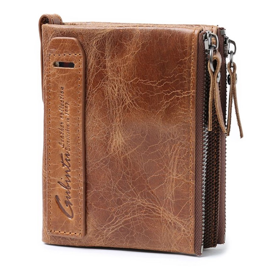 Crazy horse head layer Leather Double Zip Wallet wallet men's Leather Coin Purse255p