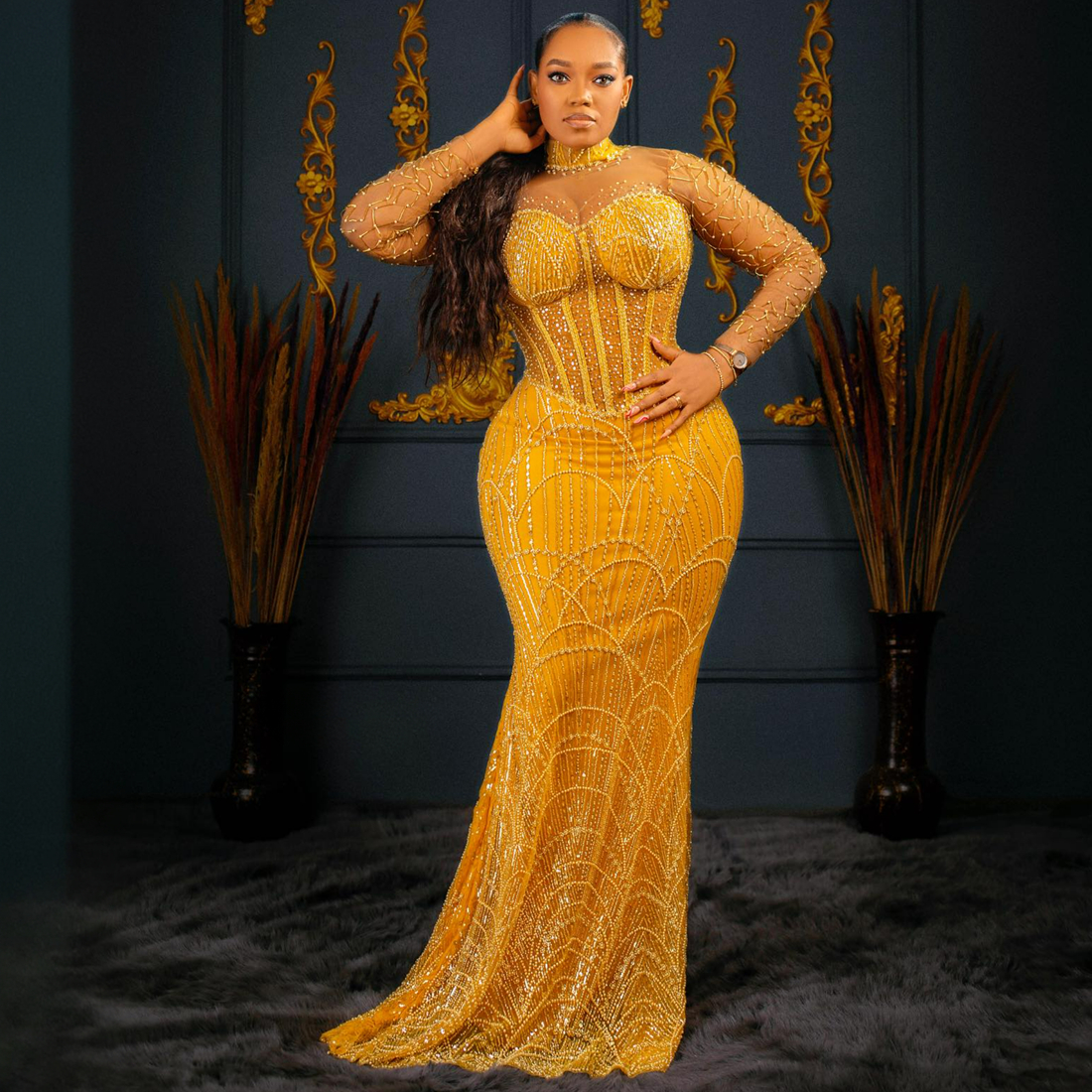 2024 African Plus Size Gold Prom Dresses for Black Women Illusion Evening Dresses Mermaid Beaded Lace Long Sleeves Formal Gowns For Birthday Party Engagement AM516