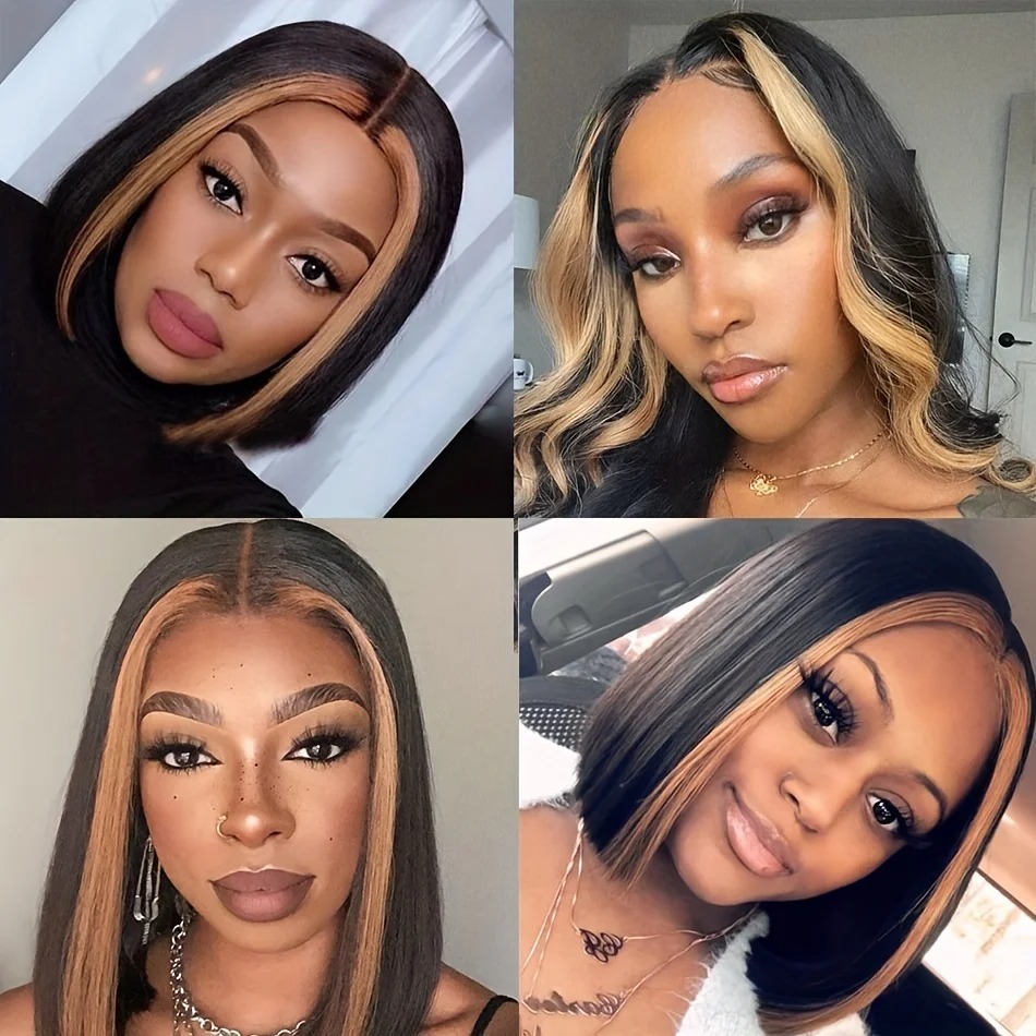 Perruque Lace Frontal Wig 100% naturelle brésilienne lisse, cheveux courts ombrés, à reflets 1B/27, 13x4, pre-plucked, pour femmes