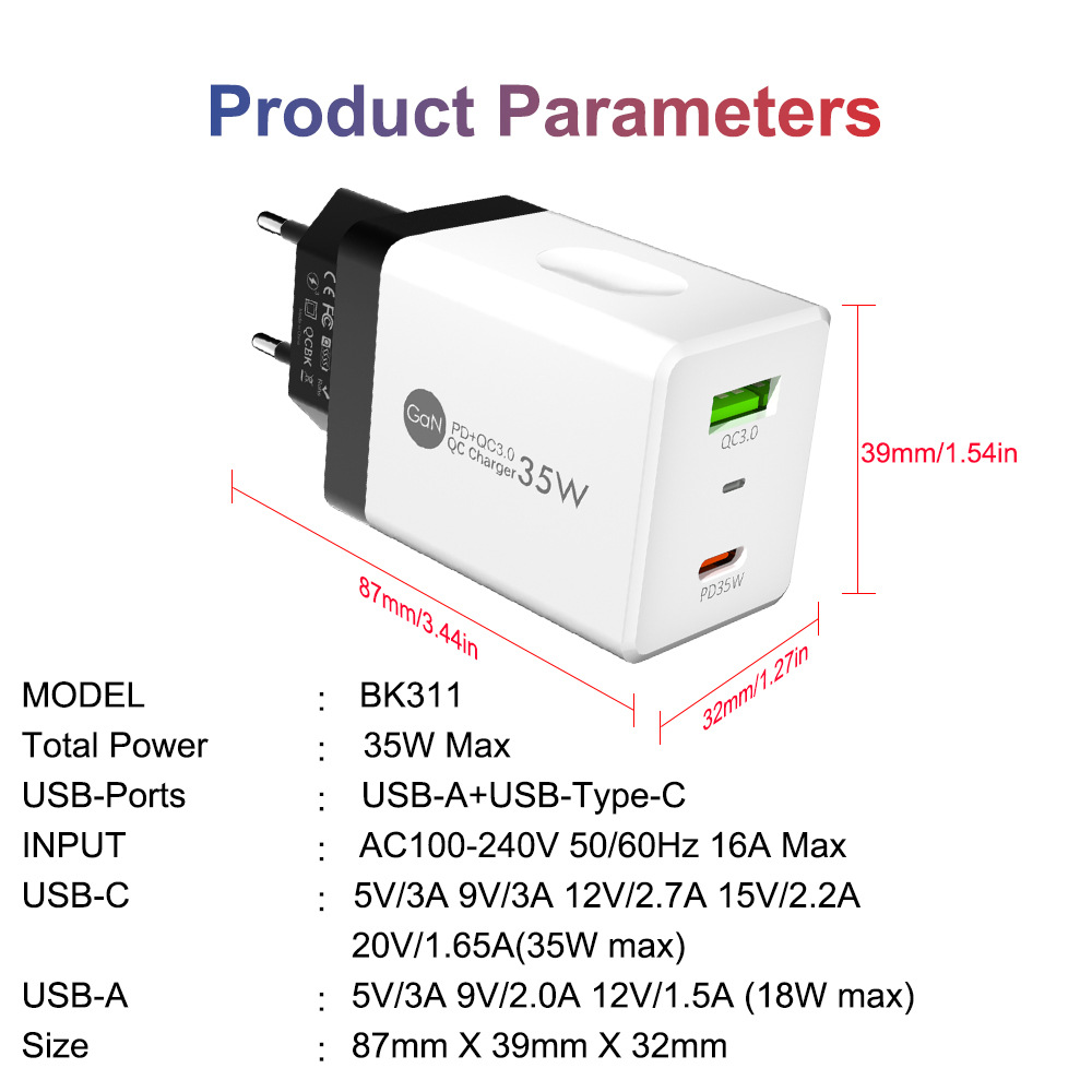 GaN – chargeur USB C PD 35W Type C, Charge ultra rapide, adaptateur mural pour téléphone portable, IPhone 15 Pro, Xiaomi 14, Samsung S23