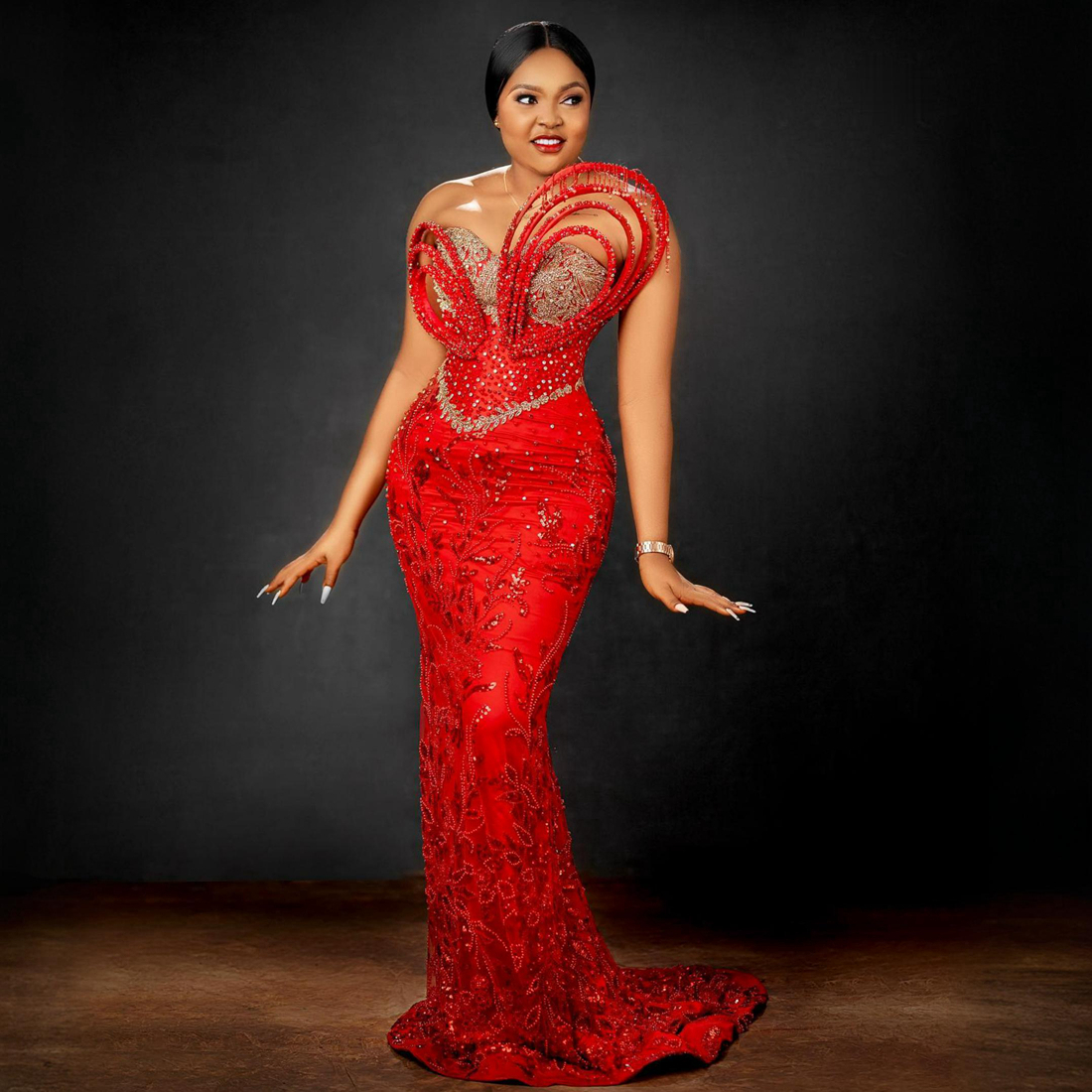 2024 African Plus Size Prom Dresses for Special Occasions Red Long Evening Gowns Mermaid Beaded Lace Rhinestones Birthday Dress for Nigeria Black Women AM501