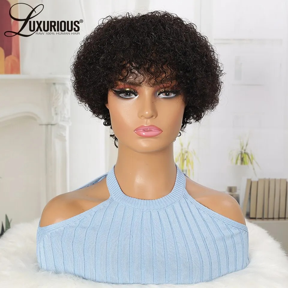 Brazilian Curly Human Hair Wigs with Bang Short Pixie Cut Bob Wig 150％密度フルマシンで作られた女性用のかつら