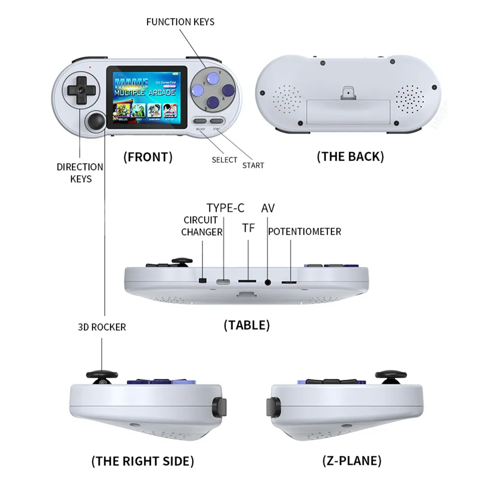 Portabla spelspelare SF900 3-tums IPS-skärm Retro SF2000 Handhållen Game Station Console Multiplayer Kids Gifts Gaming Player för MD GB FC MAME GBA