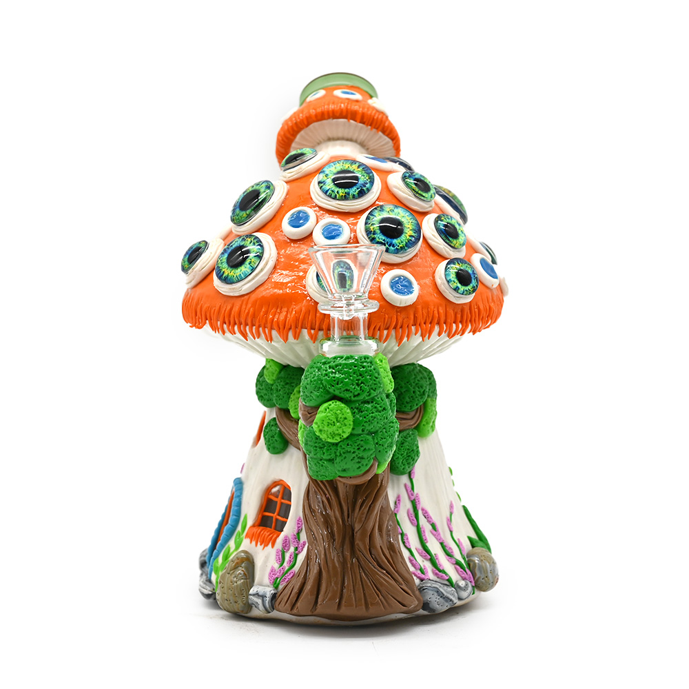 7.4in,Glass Bongs With Mushrooms House,Glow In Dark,Mushroom Bongs With Evil Eyes,Borosilicate Glass Water Pipe,Polymer Clay Cartoon Lavender Glass Smoking Item