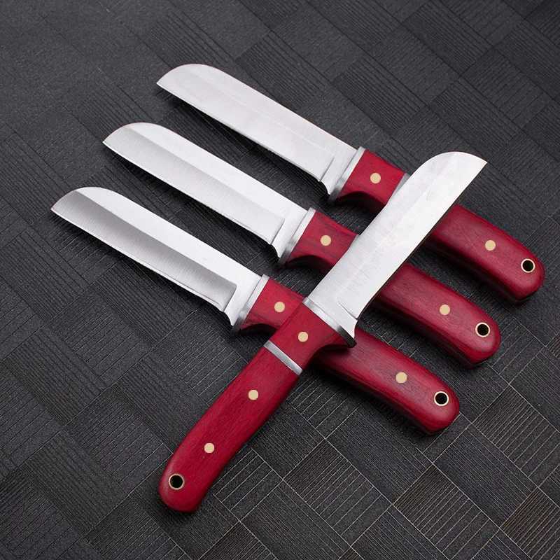 Camping Hunting Knives Small Barbecue Knife Mongolia Meat Cutter Outdoor Camping Portable Knife With Wooden Survival Handle With Leather Case 240315