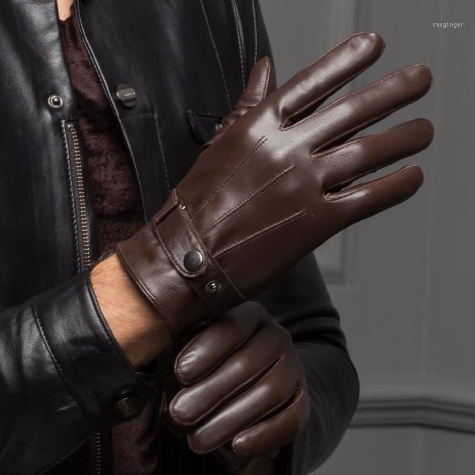 Guantes sin dedos Hombre Primavera Invierno Cuero real Corto Grueso Negro Marrón Pantalla táctil Guante Hombre Gimnasio Luvas Conducción de automóviles Mitones 1235C