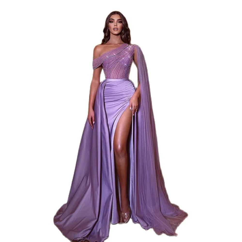 Purple Satin Mermaid Prom Dresses Sexy Strapless One Shoulder With Cape Shiny Sequins Appliques Side Slit Evening Gowns Plus Size Formal Party Gowns Custom Made